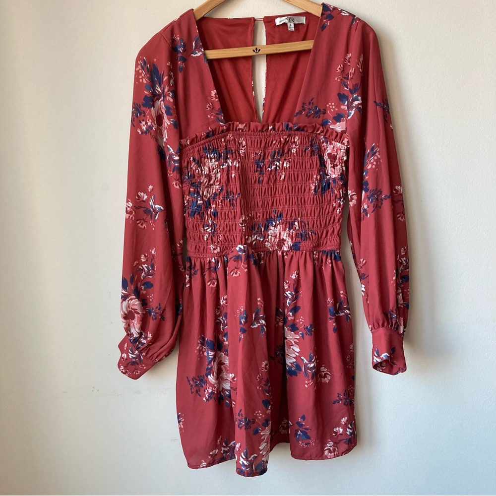Q&A Smocked Babydoll Mini Dress Women’s sz S Floral Print Long Puffed Sleeves